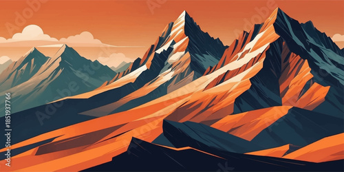 Majestic vector mountains with sharp peaks and bold orange gradient color composition
