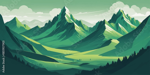 High detail vector mountains with dramatic composition and green color harmony