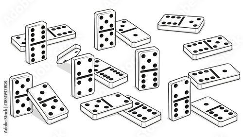 Assortment of white domino tiles with black pips scattered on a white background