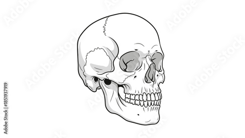 Black and white drawing of a human skull viewed from a threequarter angle