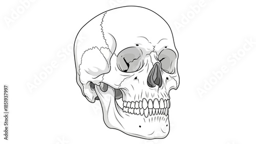 Black and white line drawing illustration of a human skull viewed from a threequarter angle
