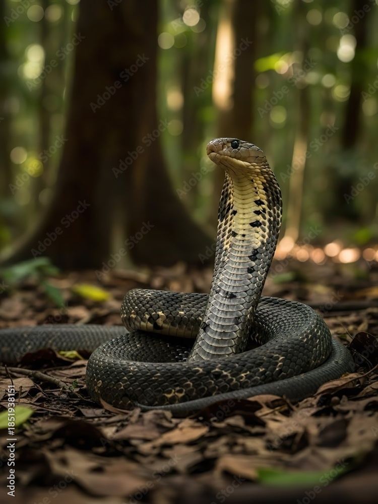 Fototapeta premium Cobra standing upright with expanded hood in a lush tropical forest. The reptile displays classic defensive behavior, highlighting themes of danger, biodiversity, and wild nature in an untouched jungl