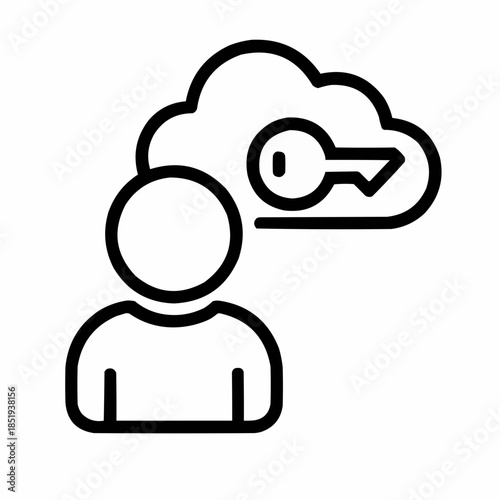 Line icon of a person with cloud and key — secure remote access, black on white, square minimalist style