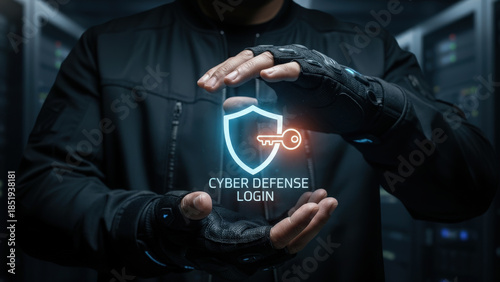 Cyber security login shield key neon glow futuristic protection concept digital access control in dark server room background