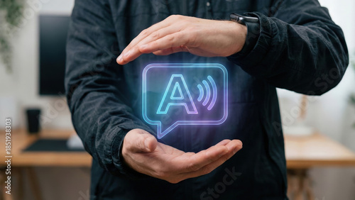 Hologram chat icon voice assistant glowing transparent symbol held human hand modern communication concept