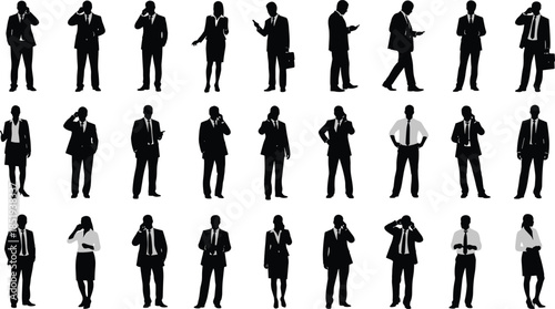 Business people silhouette collection, corporate men women phone talking poses, professional office communication set, isolated black figures illustration bundle
