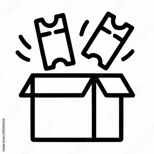 Line icon of a box with flying tickets — raffle entry, black on white, square minimalist style