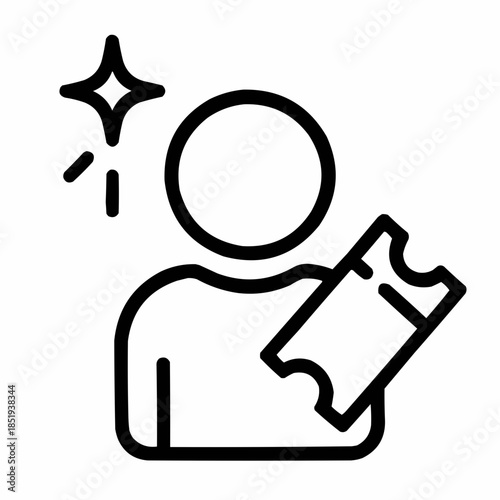 Line icon of a person with spark and ticket — lucky winner, black on white, square minimalist style