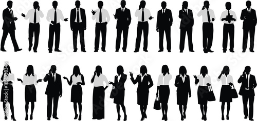 Business people silhouette communication set, corporate men women talking phone gestures, professional office interaction poses, isolated black figures illustration collection