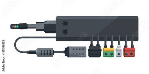 Versatile black power adapter unit designed for charging various electronic devices, showcasing its essential components and cabling in a clean, isolated presentation.