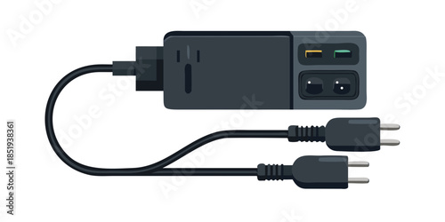 Versatile black power adapter unit designed for charging various electronic devices, showcasing its essential components and cabling in a clean, isolated presentation.