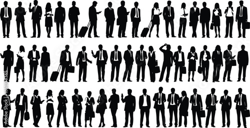 Business people silhouette mega collection, corporate men women standing walking working poses, professional office lifestyle figures, isolated black illustration set