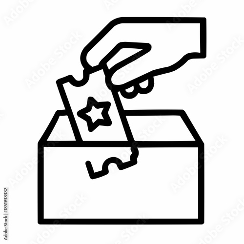 Line icon of a hand drawing ticket from box — random draw, black on white, square minimalist style