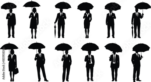 Business people silhouettes holding umbrella in formal wear isolated on white background, corporate professionals, rainy weather concept, office lifestyle illustration