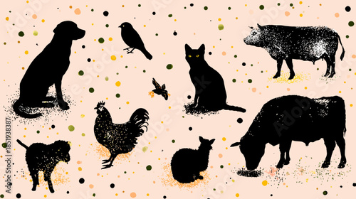 Textured black silhouettes of various domestic and farm animals including dog, cat, bird, cow, chicken, and sheep on a speckled background.
