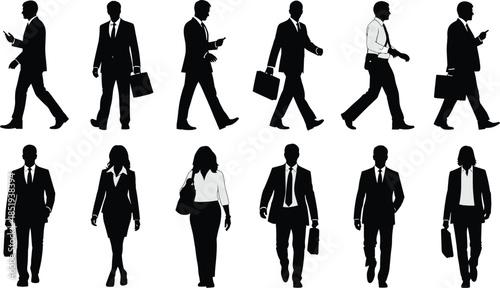 Business people walking silhouettes set, professional men women carrying briefcase smartphone, corporate office workers motion poses illustration