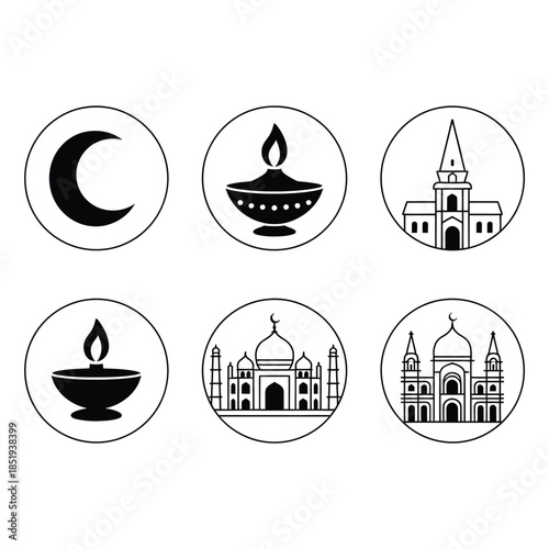 A collection of religious symbols crescent moon lamps and architectural structures