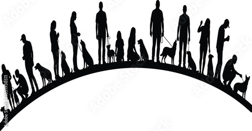 People with dogs silhouettes showing pet ownership, walking, training, companionship, outdoor activity, and human animal bond lifestyle concept illustration