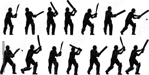 Cricket batsman silhouette sequence, batting action poses, sports motion collection, isolated black figures, cricket training illustration set