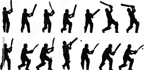 Cricket batsman batting sequence silhouettes showing different shot actions isolated on white background, professional sports motion, training illustration set