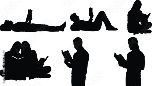 People reading book silhouettes illustrating education, learning habits, leisure study, knowledge growth, and quiet lifestyle moments isolated on white background