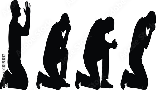 Praying man silhouettes kneeling in spiritual reflection, faith, repentance, hope, and religious devotion concept isolated on white background