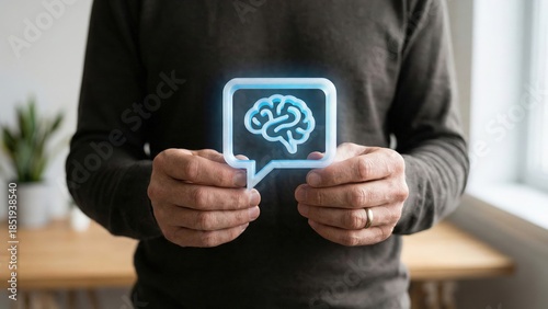 Brain chat think idea innovation concept mind speech human hand man adult communication conversation message bubble icon symbol mental creativity