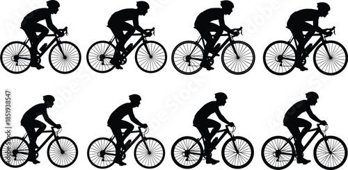 Cyclist riding bicycle silhouettes showing road cycling motion isolated on white background, professional sport activity, endurance training illustration set