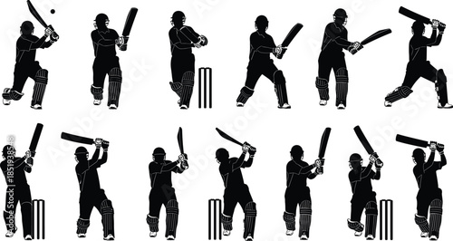 Cricket batsman silhouettes set showing batting shots stances actions, professional sports players training match play isolated illustration