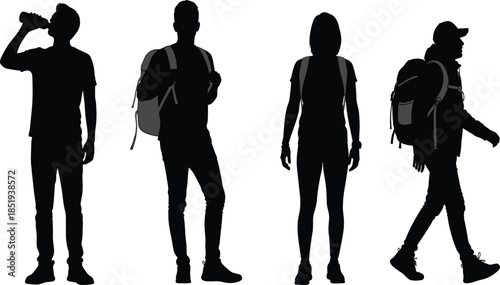 Traveler and hiker silhouettes with backpacks showing adventure, tourism, outdoor lifestyle, exploration, and modern travel concept illustration