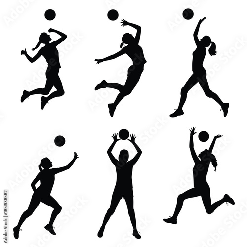 Silhouettes of netball players in action leaping to intercept balls