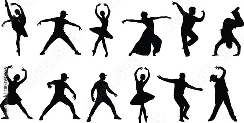 Dance silhouettes collection featuring ballet contemporary hip hop poses, dynamic performers in expressive motion, isolated black vector illustration set design