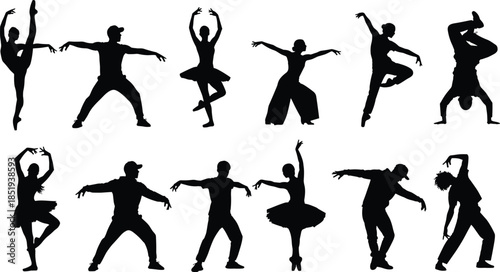 Dance silhouettes collection, ballet hip hop contemporary poses, artistic movement performance set, isolated black dancer figures illustration vector design bundle