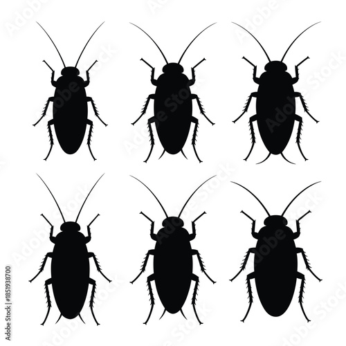 A collection of six black silhouette images depicting cockroaches