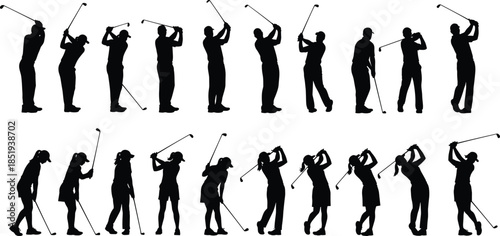 Golf player silhouette collection, male female golfer swing sequence poses, professional sports motion set, isolated black athlete figures illustration
