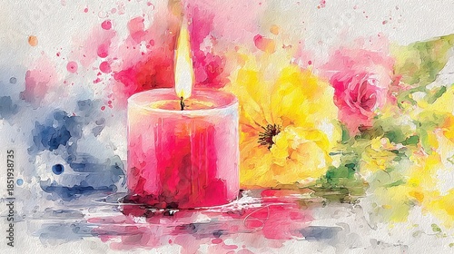 Captivating Watercolor Painting of a Candle and Flowers Evoking an Intimate Mood for Serene Spaces and Tranquil Moments