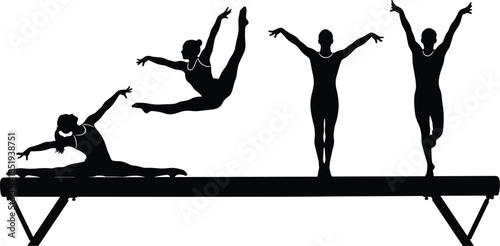 Gymnastics balance beam silhouettes, artistic gymnasts performing leaps poses, rhythmic training strength flexibility grace sport illustration isolated vector