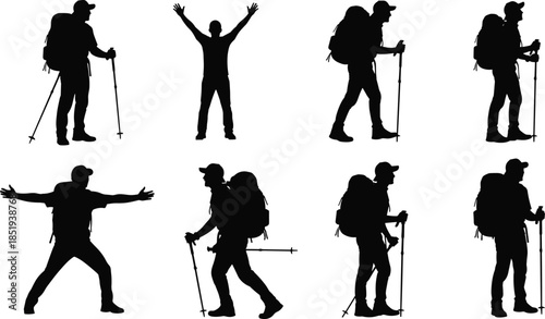 Hiker trekking silhouettes with backpack and walking poles isolated on white background, adventure travel, outdoor exploration, hiking lifestyle concept illustration