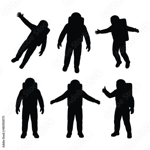 Silhouettes of astronauts in various poses against a white background
