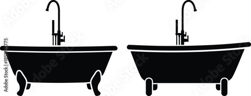 PrintVintage clawfoot and modern leg bathtub silhouette icons with faucet, plumbing, hygiene, bathroom furniture, interior design vector illustration set