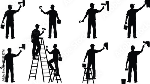 House painter silhouettes using rollers and brushes on ladder isolated on white background, home renovation, interior painting service concept illustration