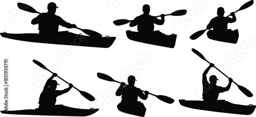 Kayaking paddler silhouettes showing canoe rowing actions isolated on white background, outdoor water sport adventure, kayaking motion illustration set