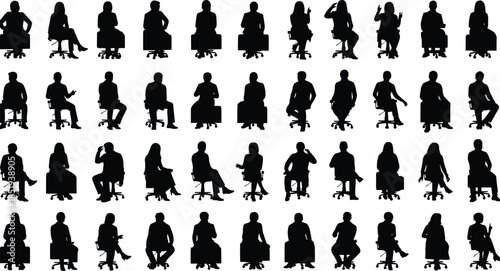 Office workers sitting silhouettes set, business men women seated on chairs, corporate meeting interview waiting poses illustration collection vector isolated