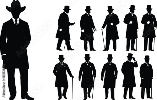Vintage gentleman silhouette vector set featuring top hats, long coats, formal attire, cowboy figure, retro fashion, classic poses, black icons