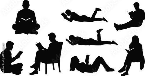 People reading book silhouettes in different relaxing poses isolated on white background, education, knowledge, learning lifestyle concept illustration