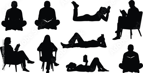 People reading book silhouettes sitting and lying in different poses isolated on white background, education concept, leisure activity, lifestyle illustration set