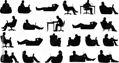 People relaxing and working with laptop silhouettes sitting on sofa and chairs isolated on white background, remote work, lifestyle illustration set
