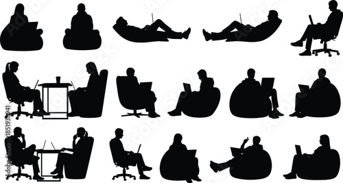 People relaxing working with laptop silhouettes set, modern lifestyle remote work leisure poses, seated lying beanbag chair illustration