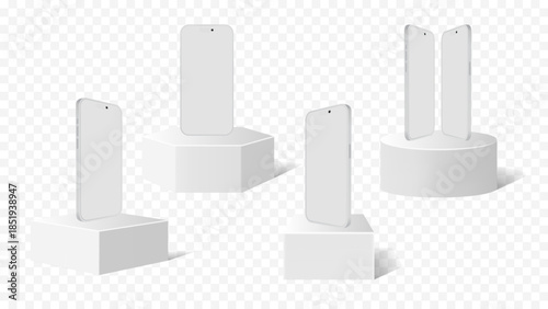 Minimal Smartphone Product Display Mockup Vector – White Mobile Phones on 3D Geometric Podium, Cube and Cylinder Stand for App and UI Presentation