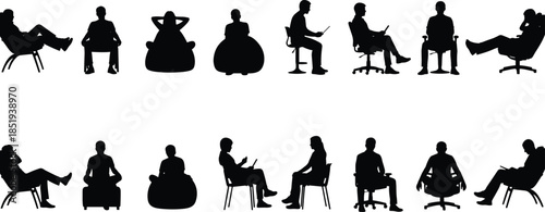 People sitting on chairs silhouettes in various relaxed poses isolated on white background, office, home seating lifestyle illustration set